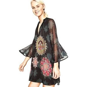 Desigual Jeanne Dress Fairy Grunge Sheer Black Mandala Bell Sleeves Women XL